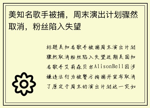 美知名歌手被捕，周末演出计划骤然取消，粉丝陷入失望