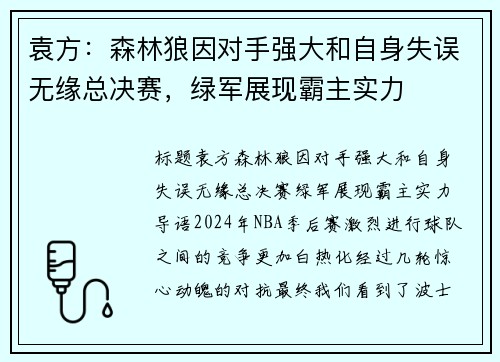 袁方：森林狼因对手强大和自身失误无缘总决赛，绿军展现霸主实力